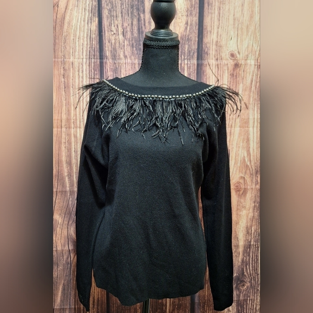 Sioni Black Off-the-Shoulder Sweater with Feather Detail Womens Size Medium!